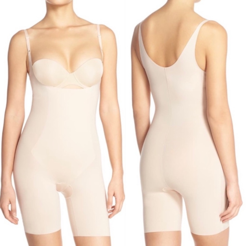 SPANX Thinstincts 2.0 Open-Bust Mid-Thigh
Bodysuit in Nude
